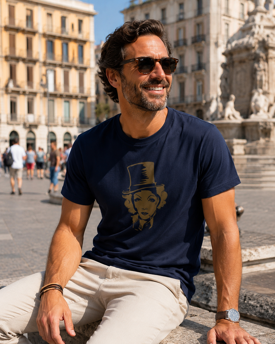 Hombre con camiseta Marlene retrato dorado en plaza soleada