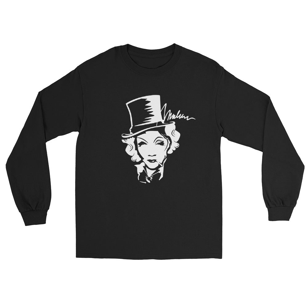Camiseta negra de manga larga con el rostro y la firma de Marlene en blanco