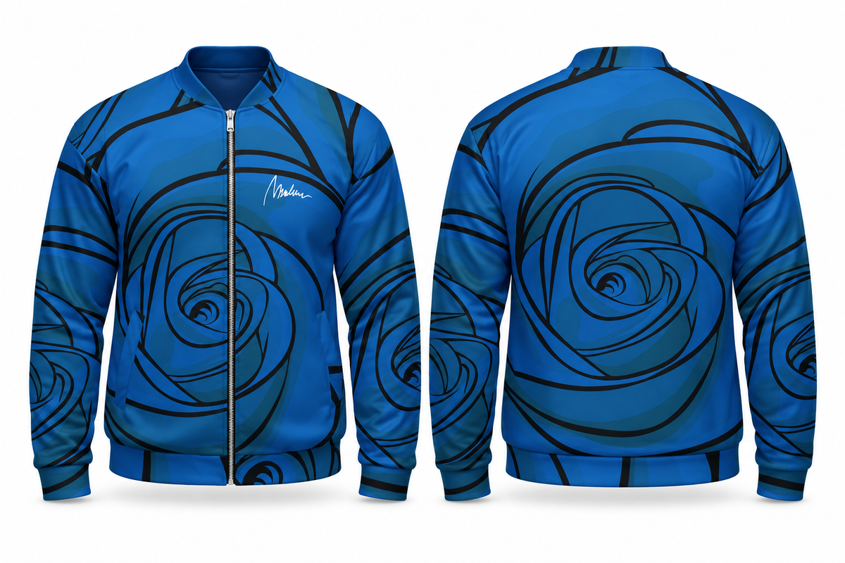 Bomber azul de espirales Marlene & Go, vistas frontal y trasera.