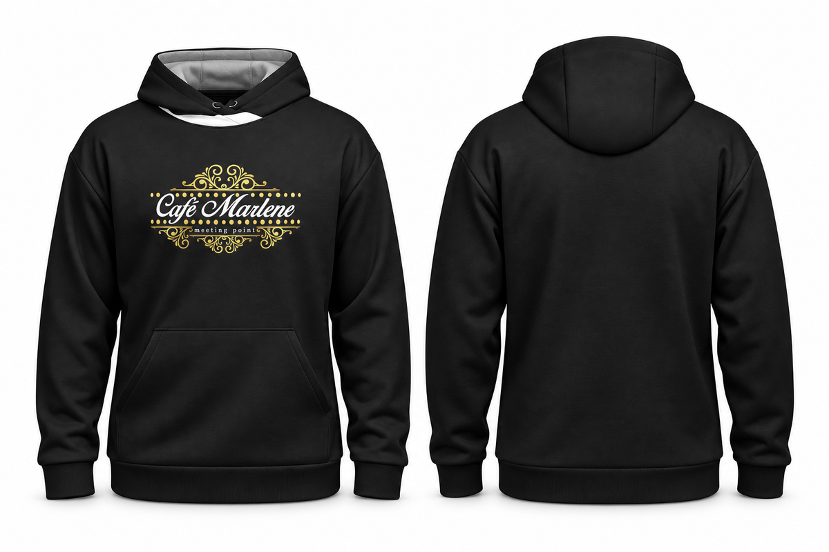 Golden Spell: sudadera negra con diseño Café Marlene dorado, vistas frontal y trasera.
