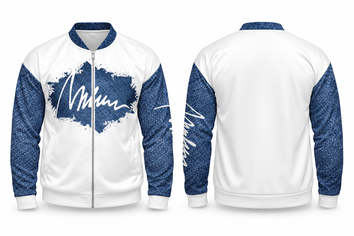 Bomber azul y blanca Marlene & Go, vistas frontal y trasera.