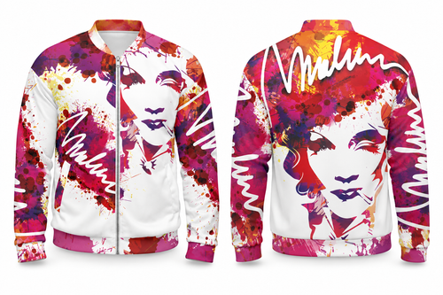 Bomber Marlene & Go con retrato, firma y estampado floral multicolor, vistas frontal y trasera.