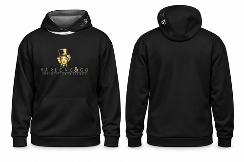 Sudadera negra Marlene & Go con emblema dorado, vistas frontal y trasera.