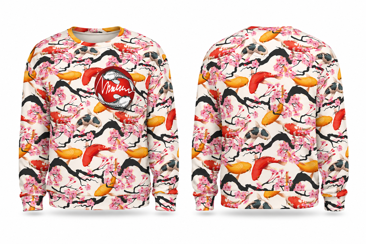 Electric Marlene: sudadera Marlene & Go con carpas koi, vistas frontal y trasera.