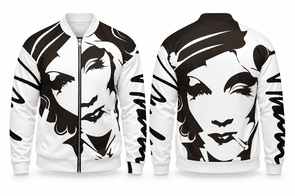 Bomber Marlene & Go de retrato en blanco y negro, vistas frontal y trasera.