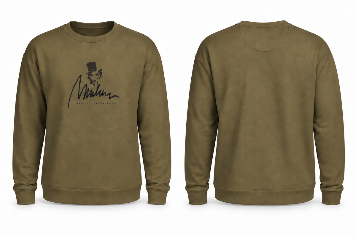 Sudadera verde oliva Marlene & Go con firma, vistas frontal y trasera.