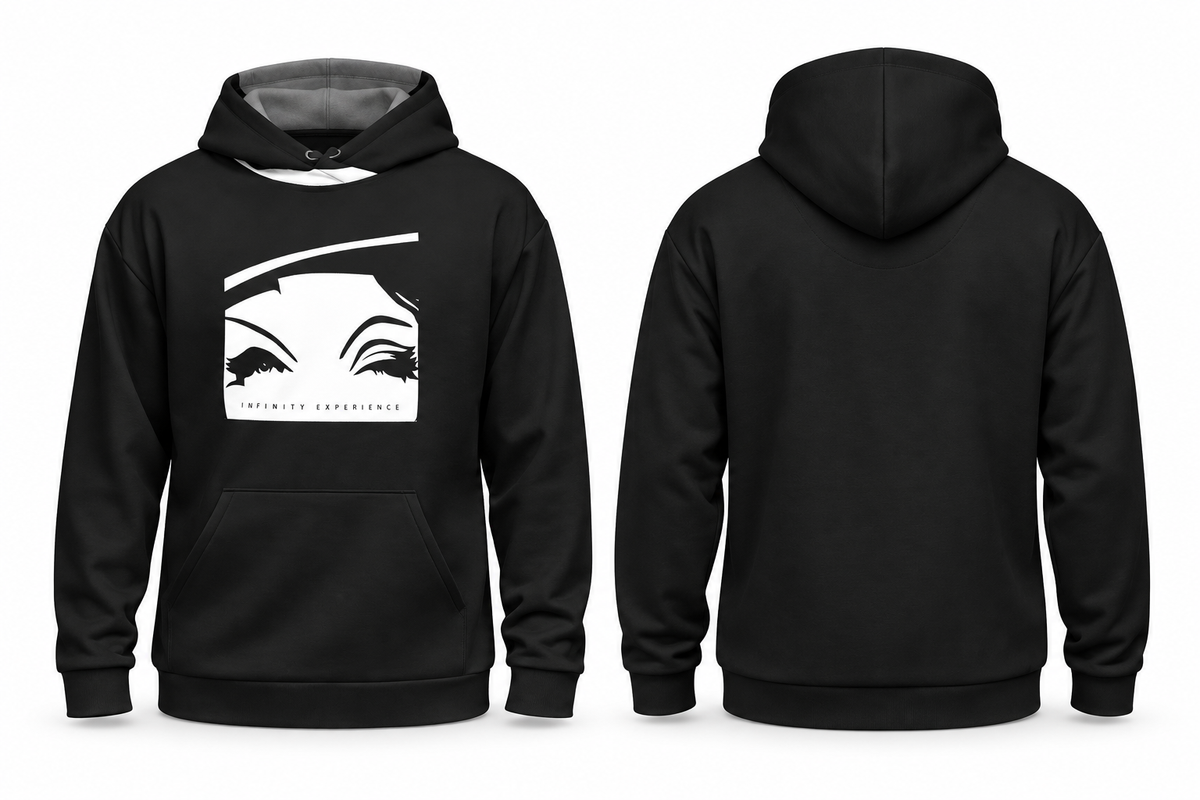 Electric Noir: sudadera negra Marlene & Go con mirada blanca, vistas frontal y trasera.