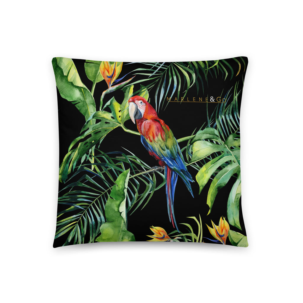 Cojín básico Marlene con loros tropicales — 18 × 18 pulgadas, vista trasera