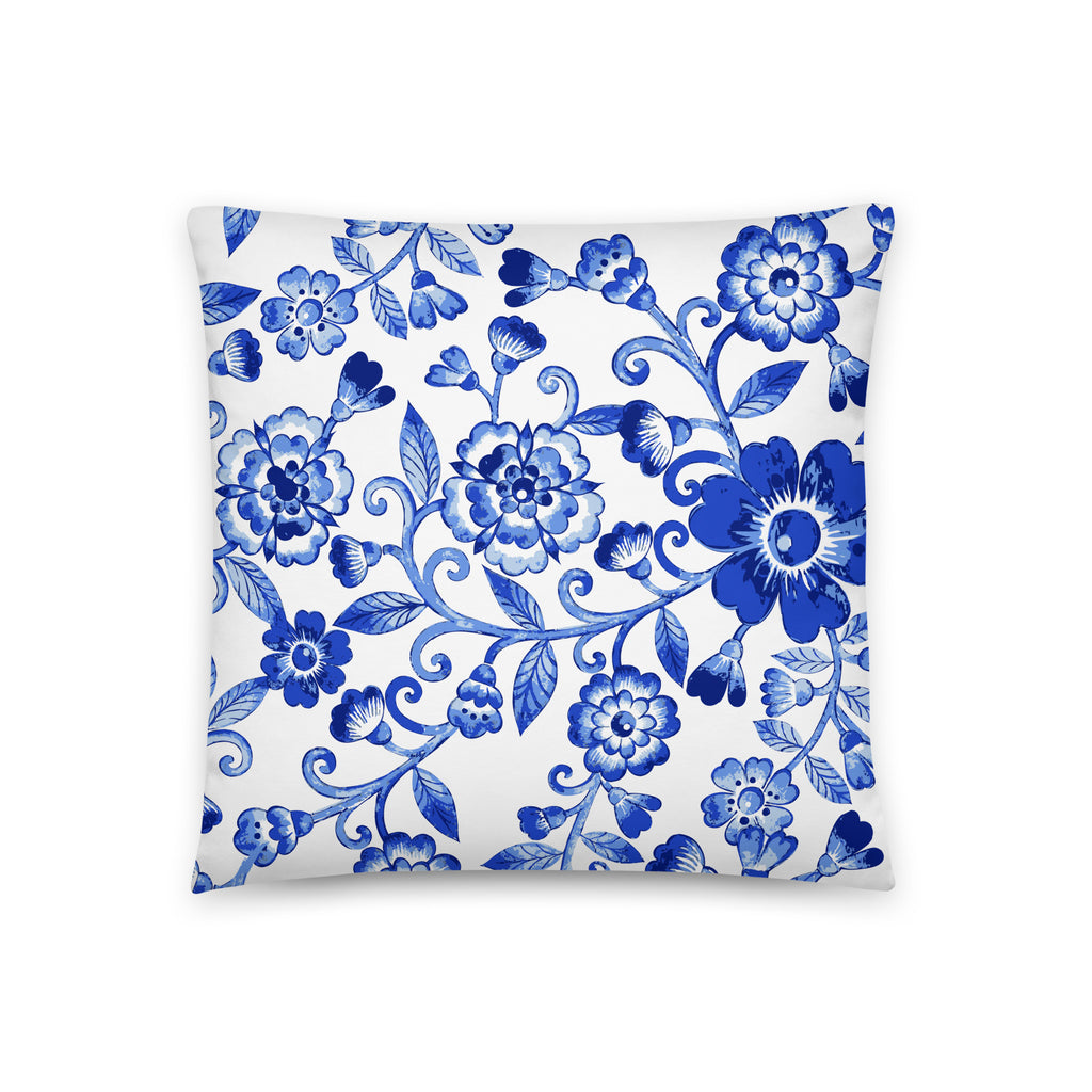 Cojín básico Marlene de flores azules — 18 × 18 pulgadas, vista trasera