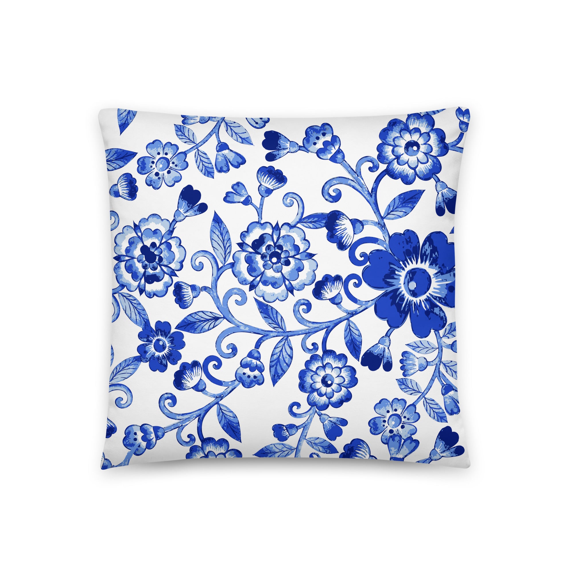 Cojín básico Marlene de flores azules — 18 × 18 pulgadas, vista trasera