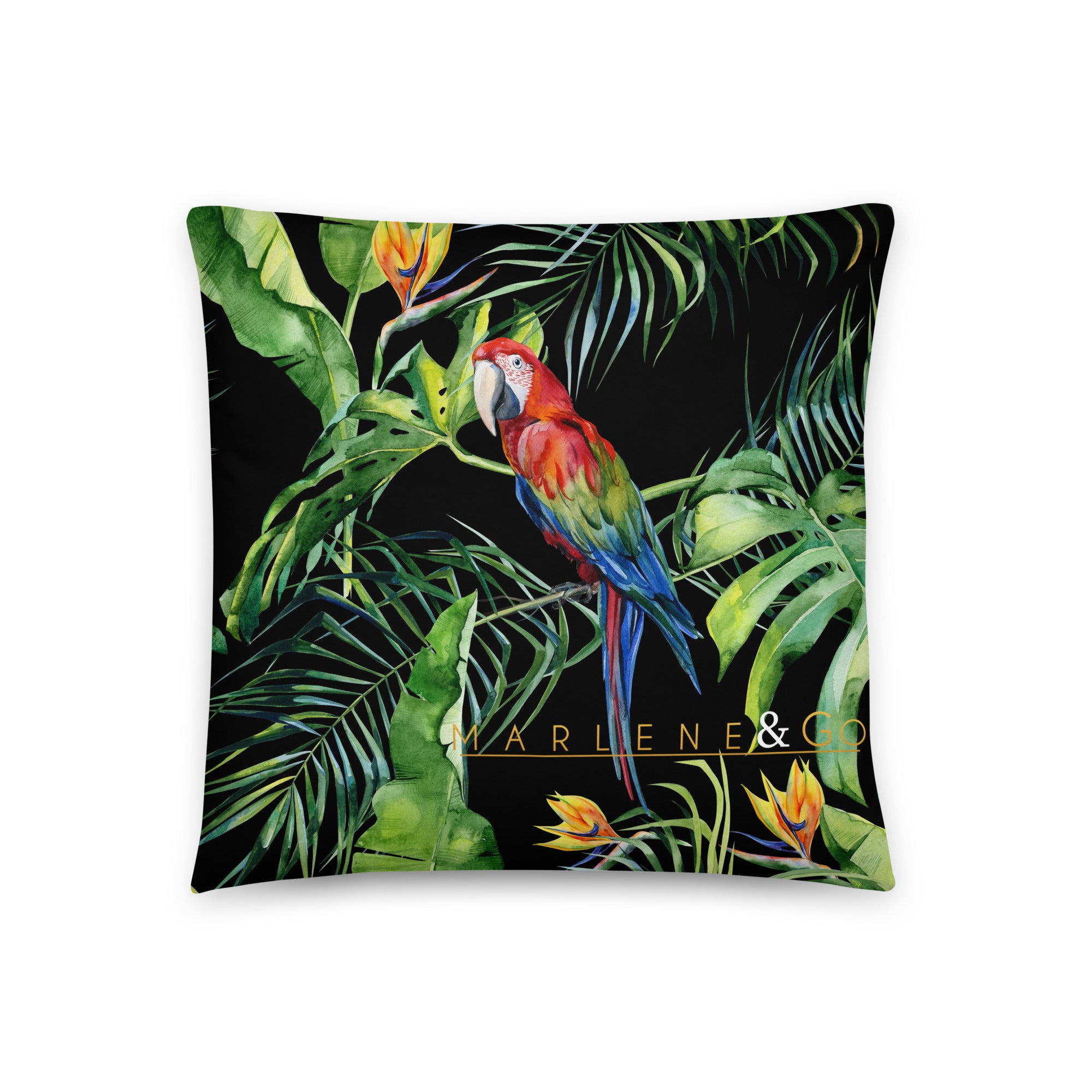 Cojín básico Marlene con loros tropicales — 18 × 18 pulgadas, vista frontal