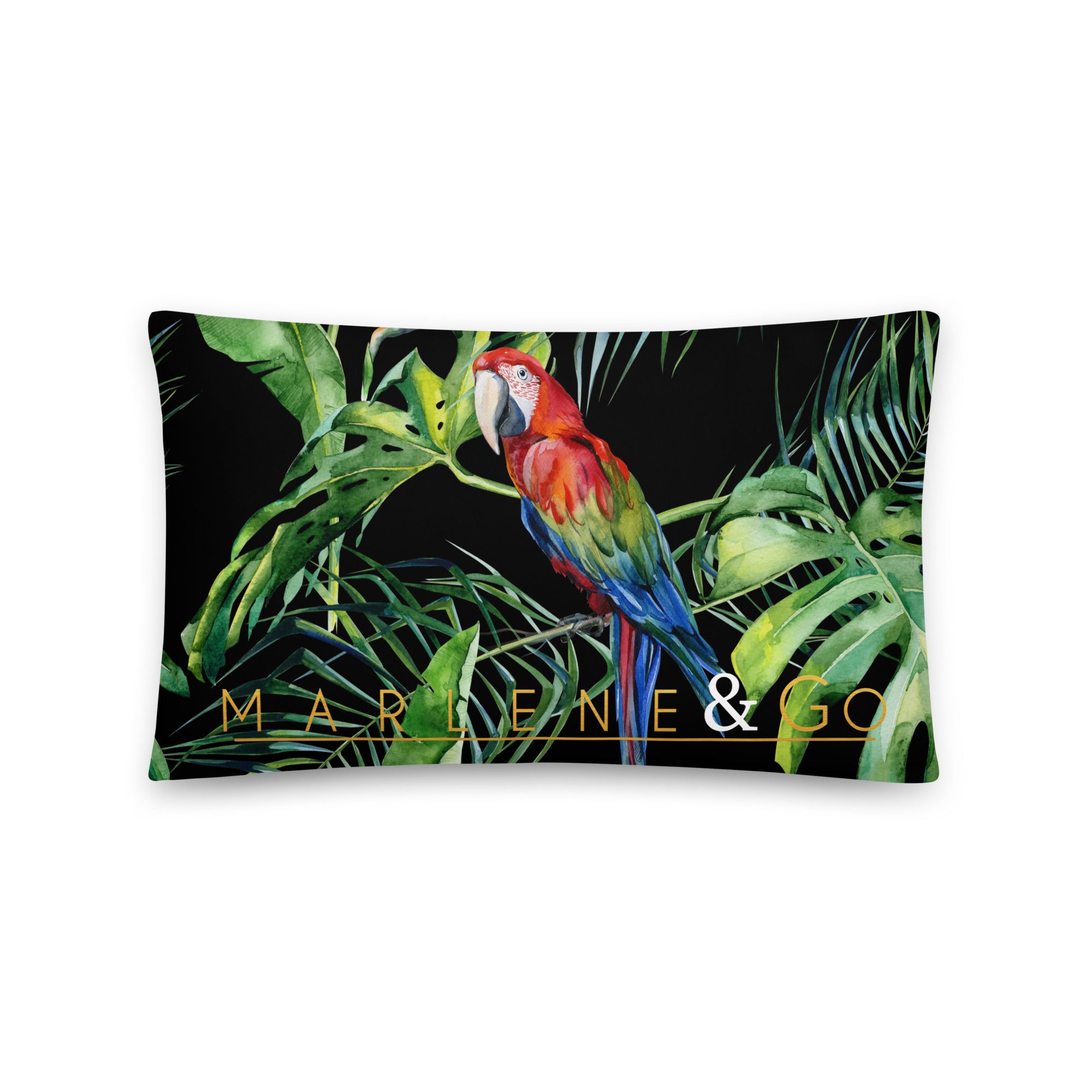 Cojín básico Marlene con loros tropicales — 20 × 12 pulgadas, vista trasera