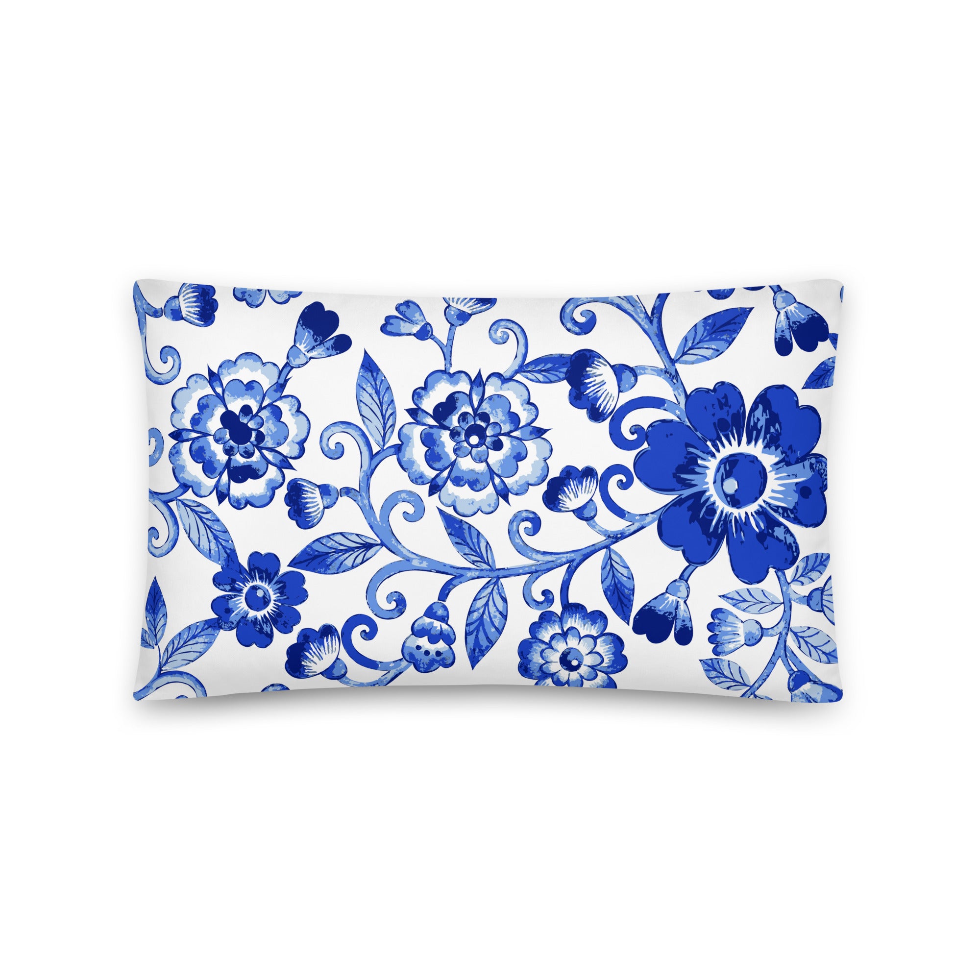 Cojín básico Marlene de flores azules — 20 × 12 pulgadas, vista trasera