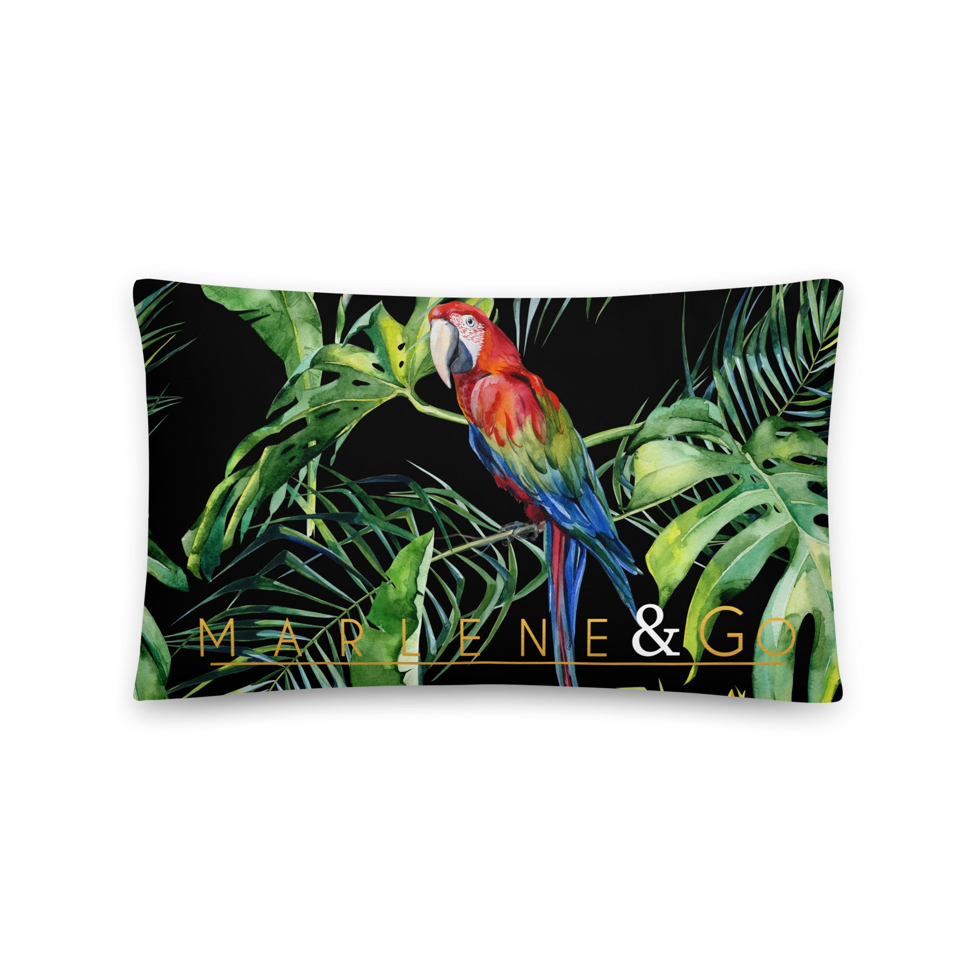 Cojín básico Marlene con loros tropicales — 20 × 12 pulgadas, vista frontal
