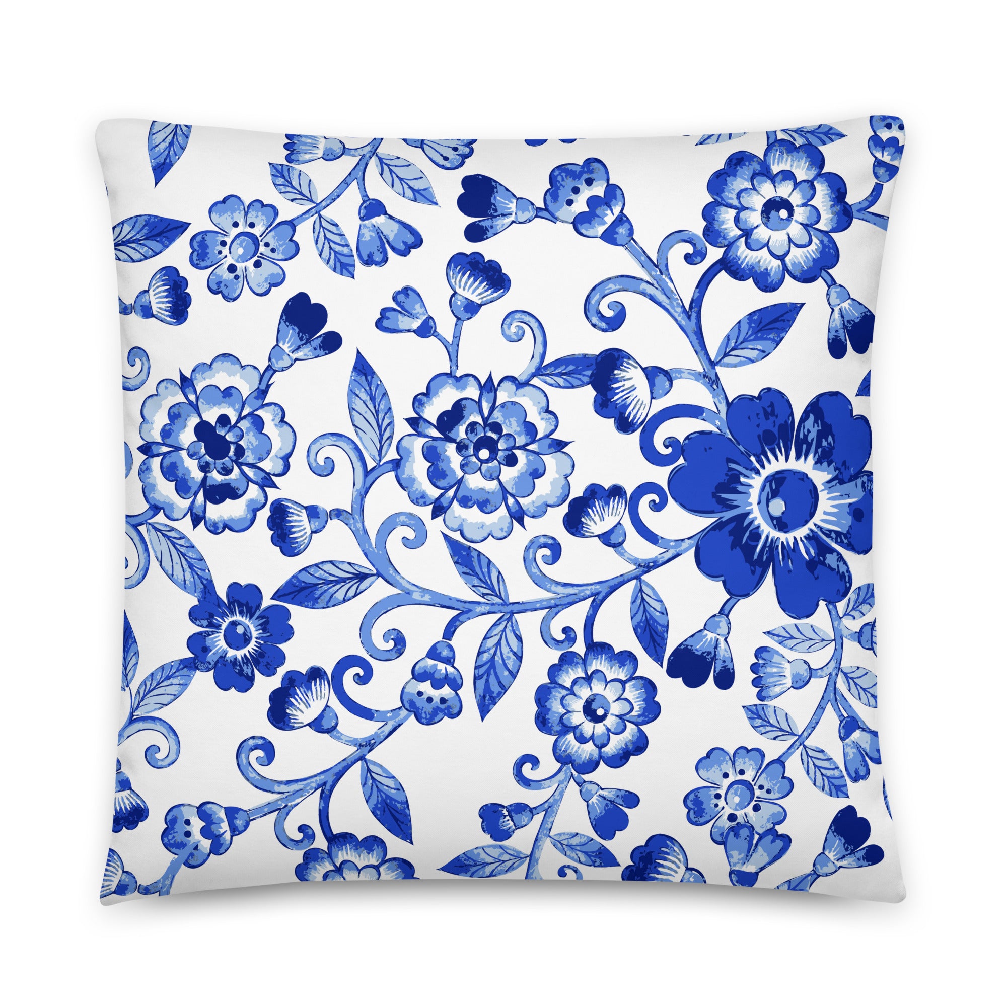 Cojín básico Marlene de flores azules — 22 × 22 pulgadas, vista trasera