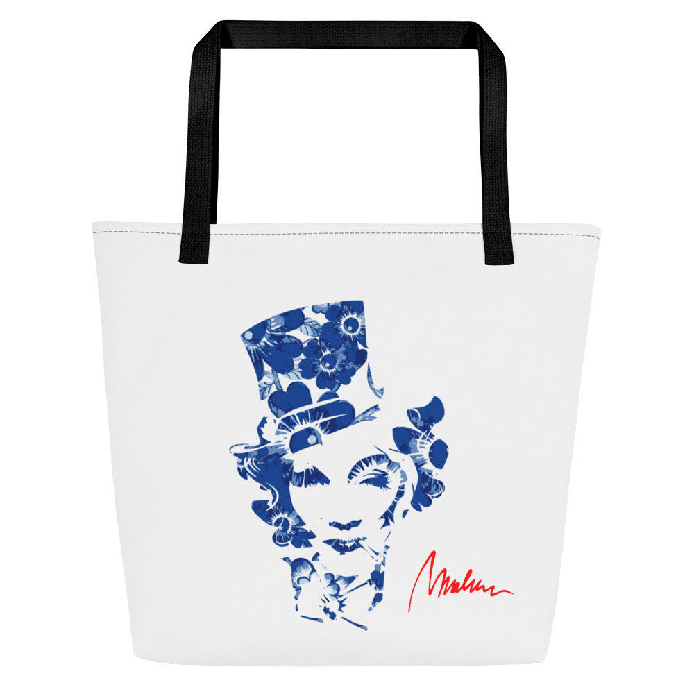 Bolsa tote grande Marlene — retrato floral azul — vista principal del diseño