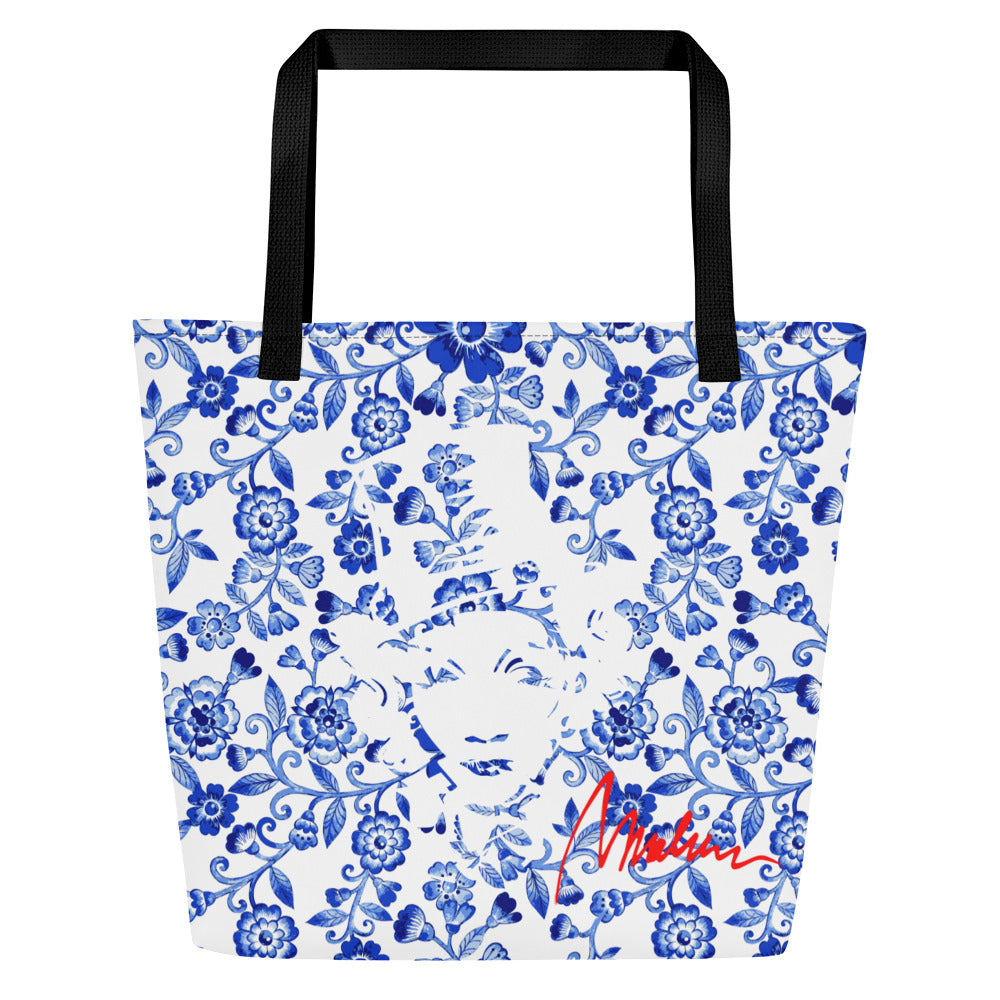 Bolsa tote grande Marlene — flores azules — vista principal del diseño