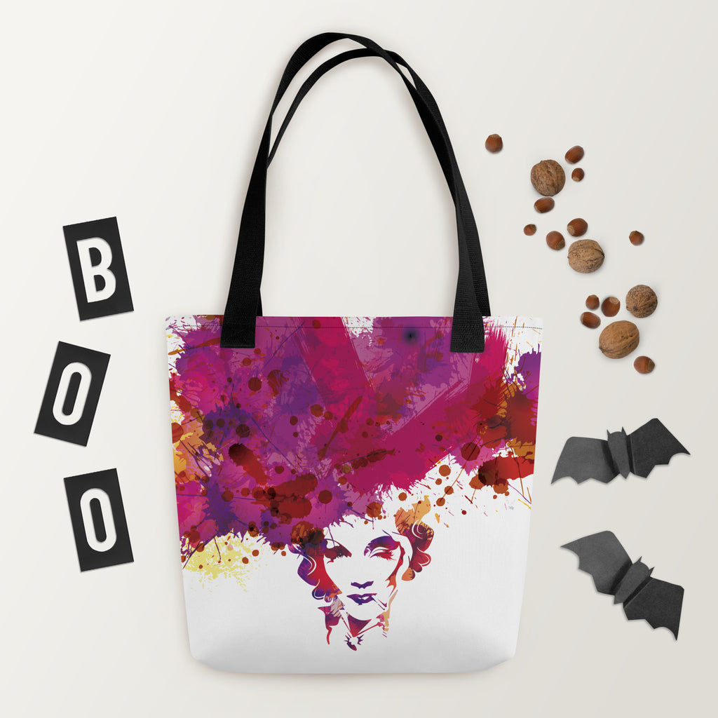Watercolor Pop Carry: bolsa con retrato y manchas multicolor de Marlene, asas negras, vista del estampado.