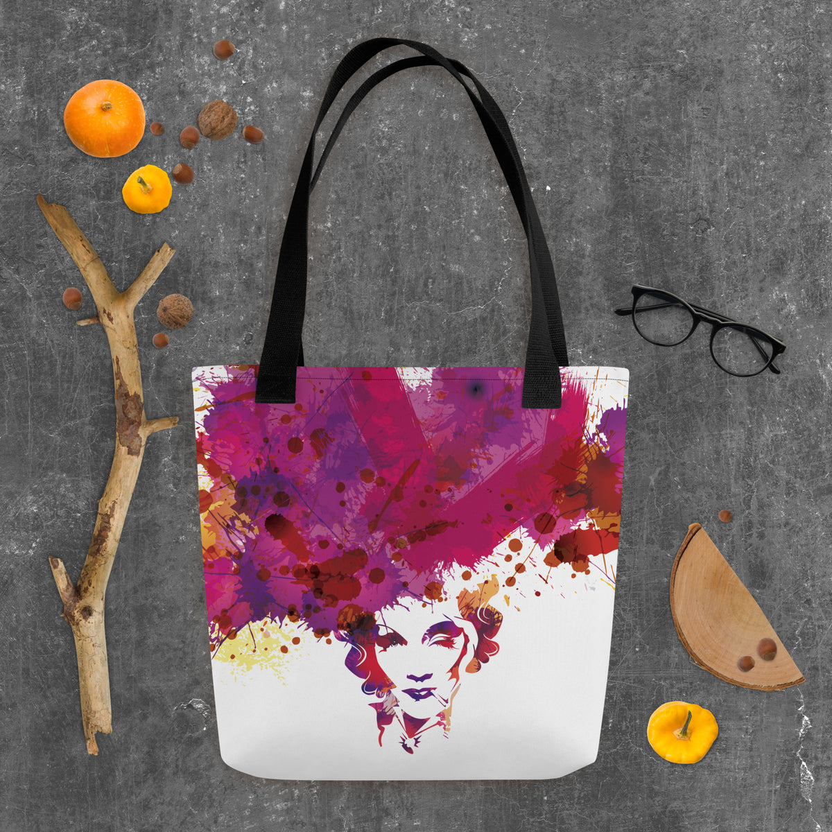 Watercolor Pop Carry: bolsa con retrato y manchas multicolor de Marlene, asas negras, vista del estampado.