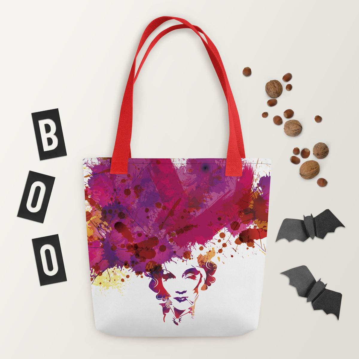 Watercolor Pop Carry: bolsa con retrato y manchas multicolor de Marlene, asas rojas, vista del estampado.