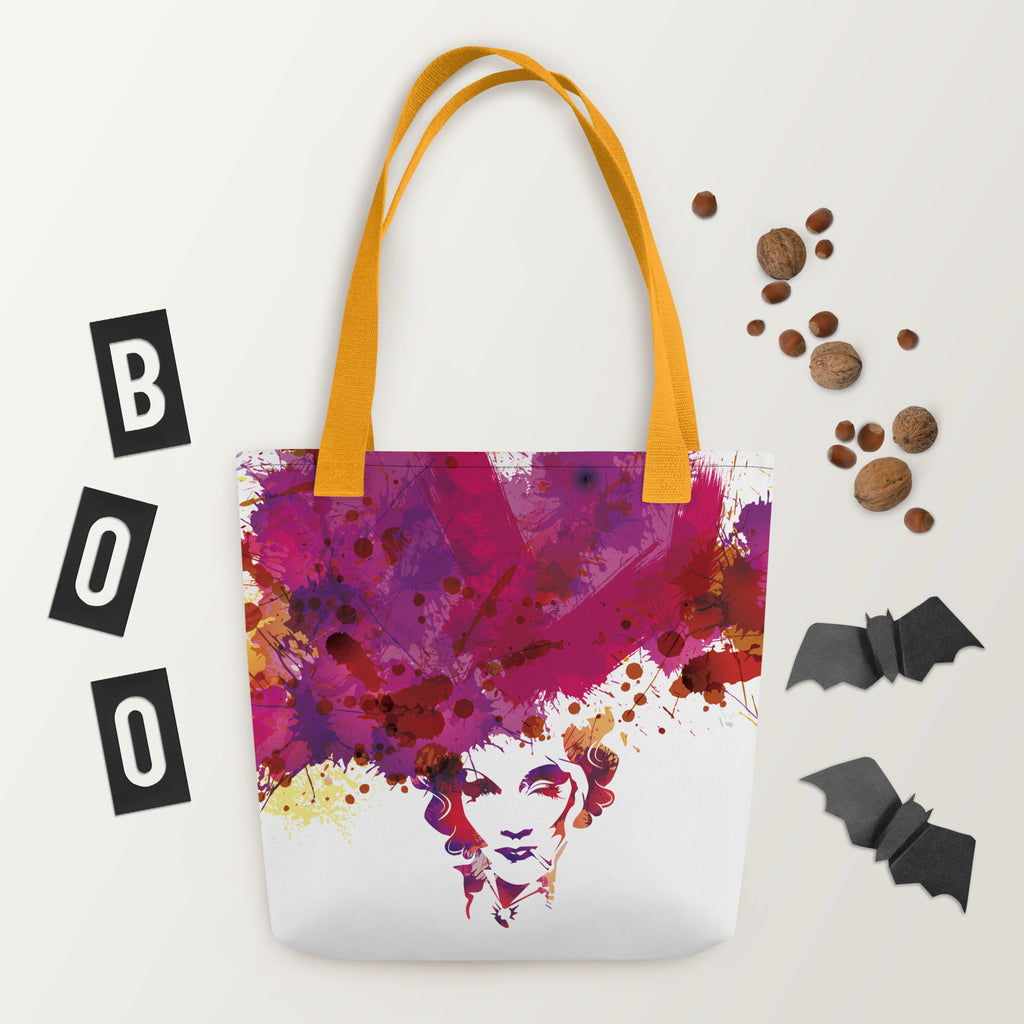 Watercolor Pop Carry: bolsa con retrato y manchas multicolor de Marlene, asas amarillas, vista del estampado.
