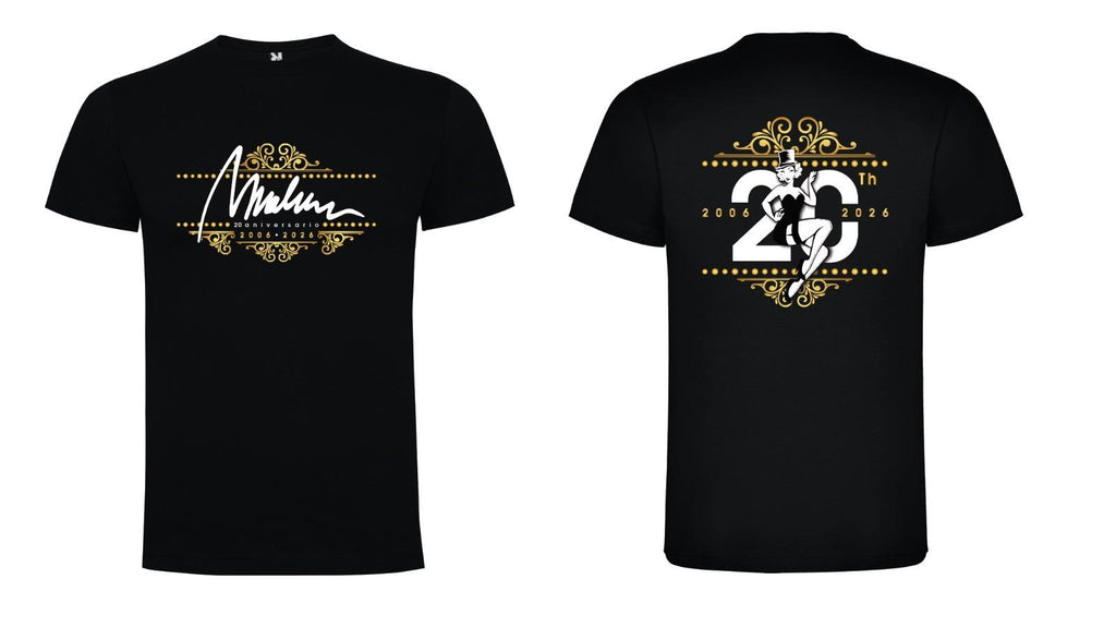 Camiseta negra Café Marlene 20 aniversario, vista frontal y trasera