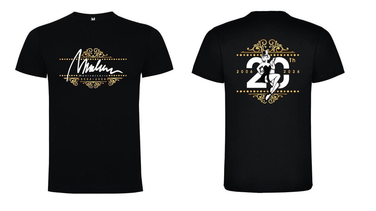 Camiseta negra Café Marlene 20 aniversario, vista frontal y trasera