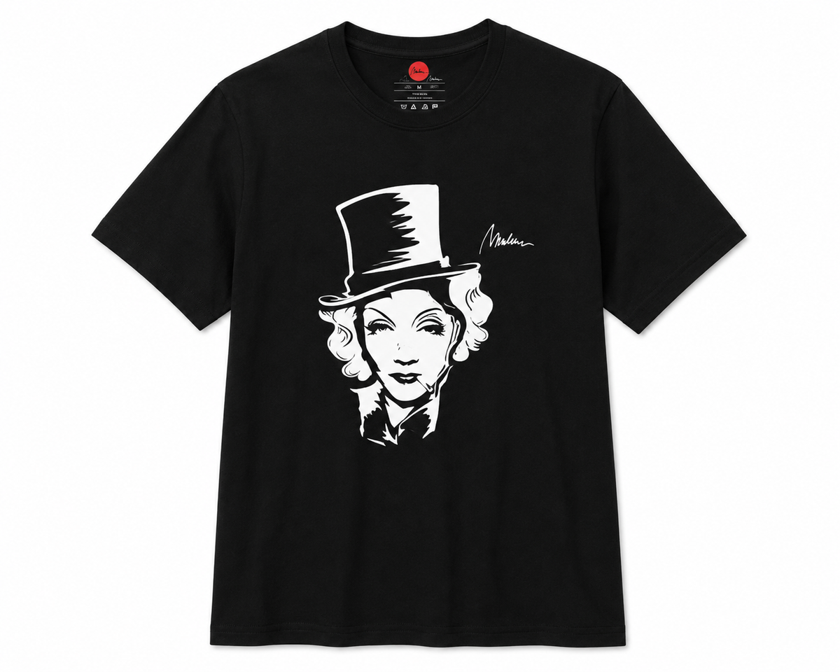 Camiseta Marlene extragrande negra con retrato blanco y firma