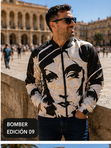 Hombre con bomber de retrato negro y dorado Rose Flight de Marlene & Go en una plaza.