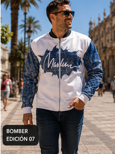 Hombre con bomber azul y blanca Velvet Flight de Marlene & Go en un entorno urbano.