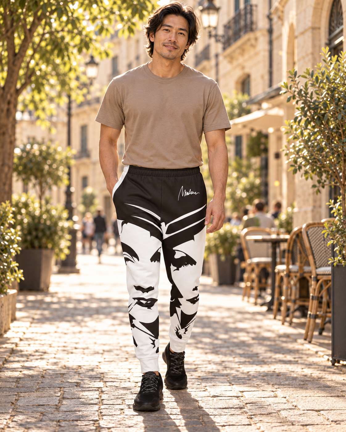 Modelo con jogger Electric Motion de M&G paseando por una calle mediterránea