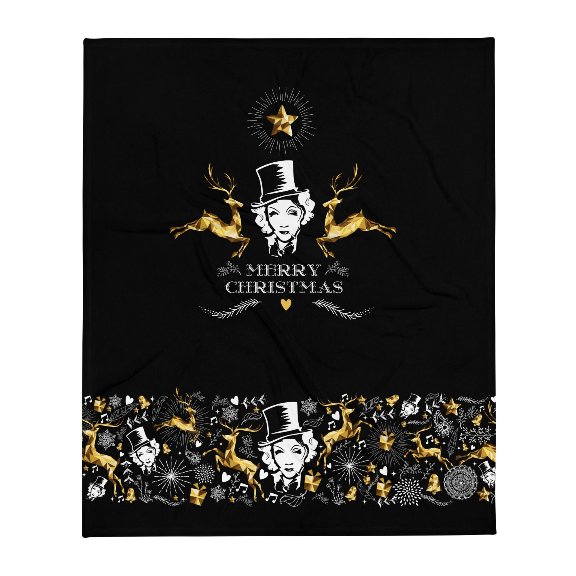 Manta suave Marlene de Navidad en negro y dorado — vista frontal