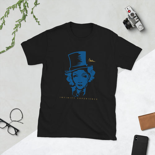 Blue Icon: camiseta de retrato azul de Marlene & Go, prenda en negro; vista frontal.