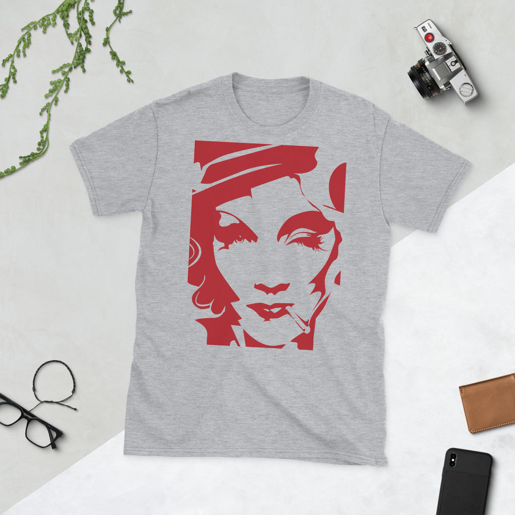 Camiseta unisex Marlene — retrato pop rojo — vista principal del diseño