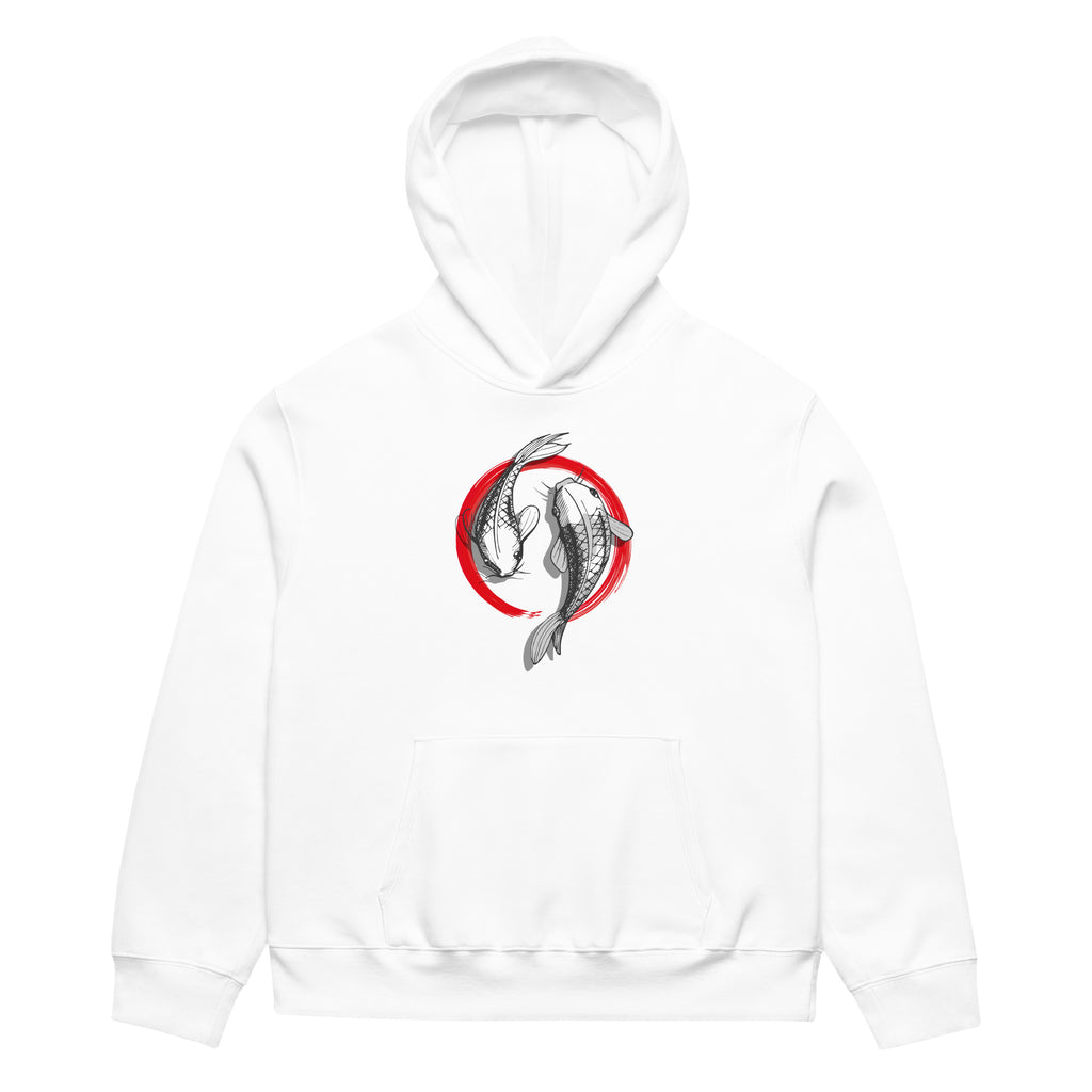 Koi Círculo de Marlene & Go: sudadera blanca oversize con carpas koi y círculo rojo, vista frontal