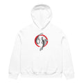 Koi Círculo de Marlene & Go: sudadera blanca oversize con carpas koi y círculo rojo, vista frontal